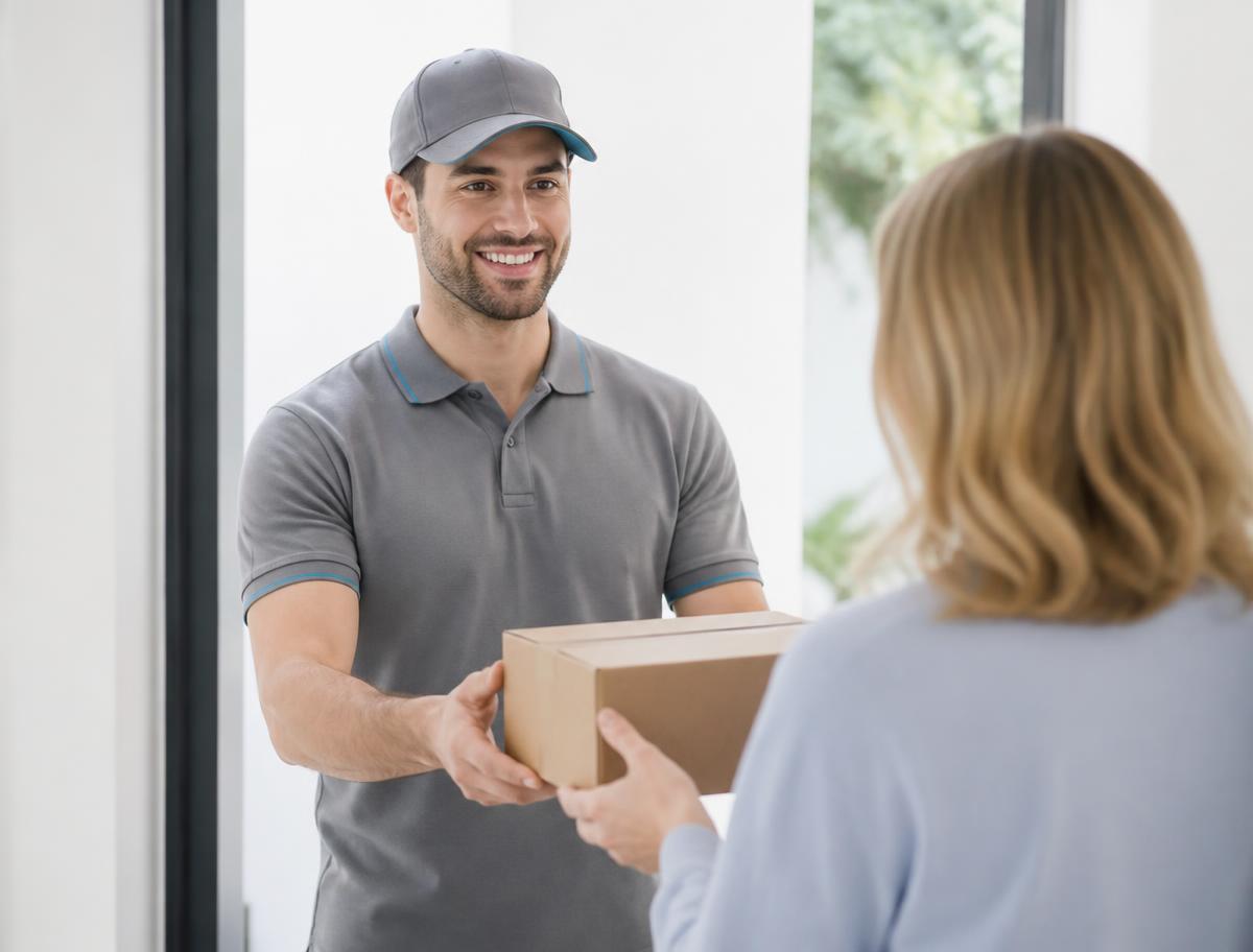 A SwiftTrack courier handing a parcel to a customer at their door