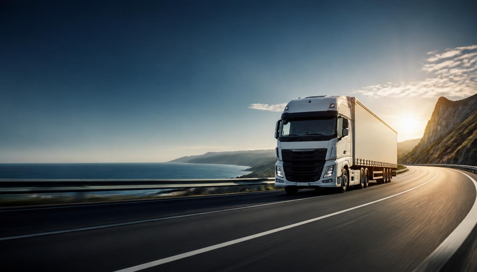 Modern freight truck traveling along a coastal highway